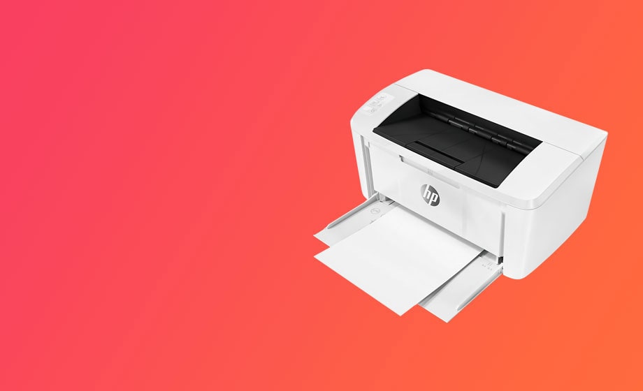 A white HP printer with a sheet of paper in the output tray, set against a pink-to-orange gradient background.