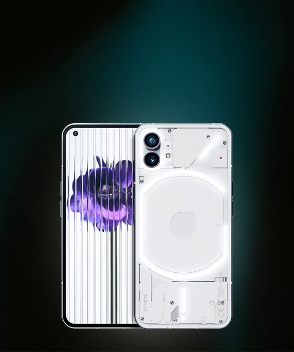 Two smartphones are shown back-to-back. One displays a purple flower on its screen, while the other reveals a transparent back with visible internal components and white LED lights, set against a dark gradient background.