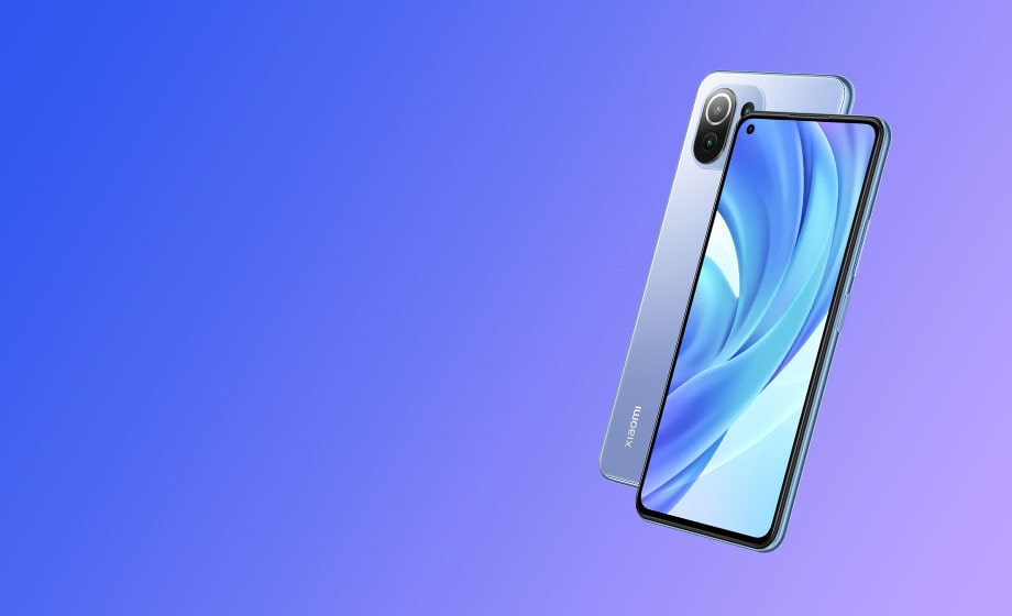 Two modern smartphones with blue gradient backs and edge-to-edge displays are shown floating against a smooth purple and blue gradient background. The screen displays a dynamic blue graphic.